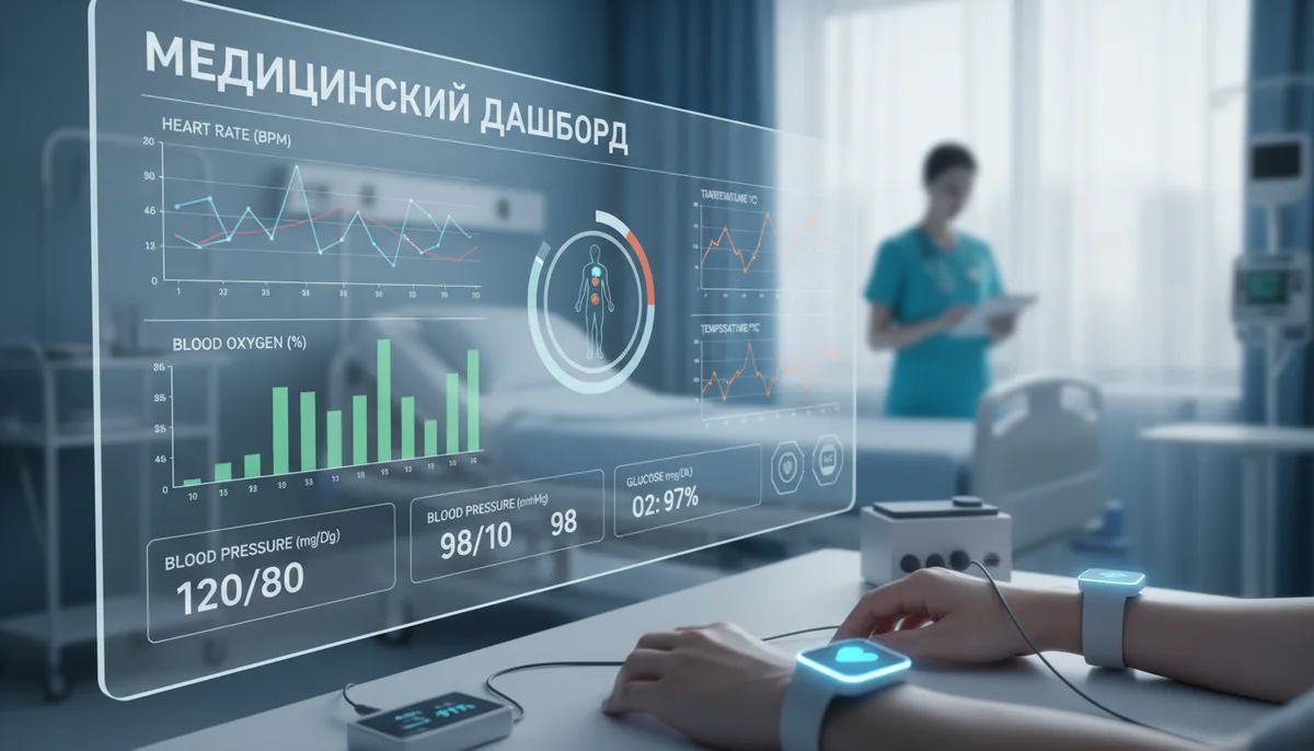 медицинский дашборд с графиками физиологических показателей пациентов, носимые датчики на запястье