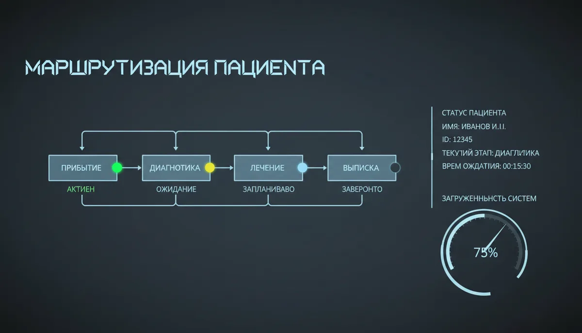 Схематичная цифровая панель с этапами маршрутизации пациента и статусными индикаторами